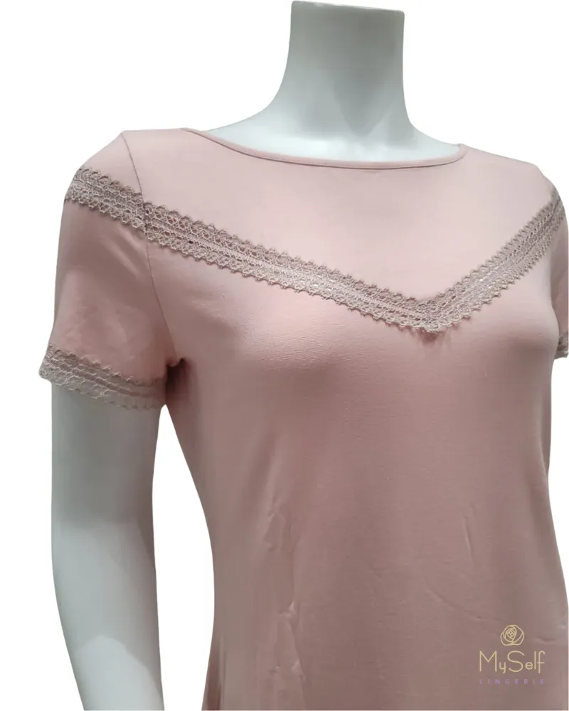 3623 V Lace Trim Dusty Pink Short Sleeve Modal Pajamas Set