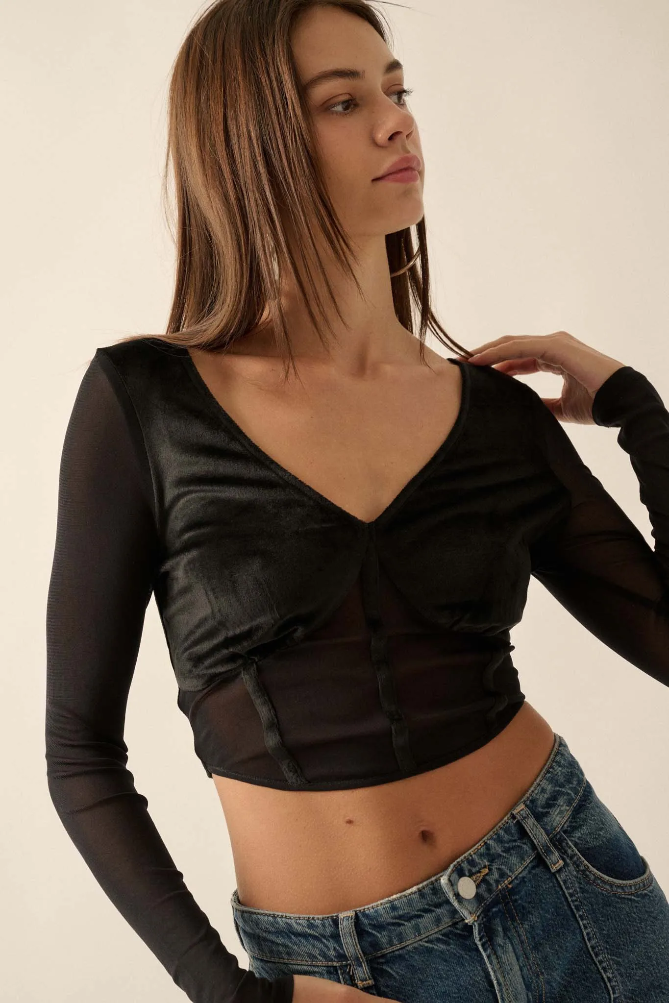 After Dark Velvet and Mesh Cropped Corset Top