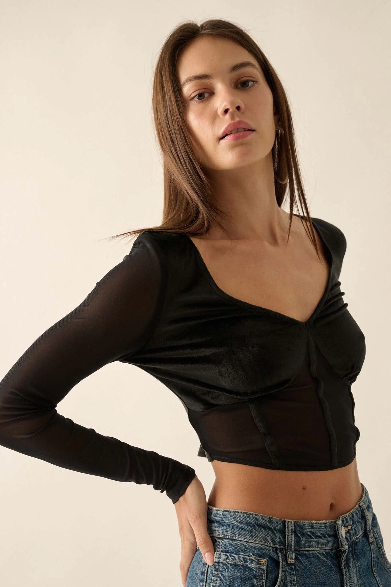 After Dark Velvet and Mesh Cropped Corset Top