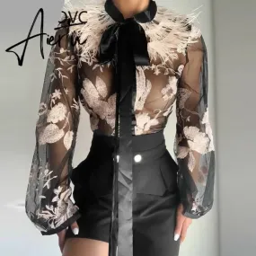 Aiertu Women Chic Floral Bowknot Lace up feather collar perspective Mesh Black Blouse