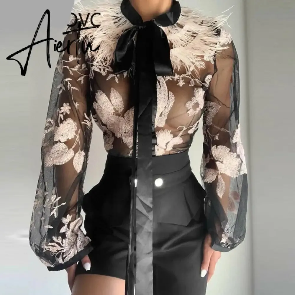 Aiertu Women Chic Floral Bowknot Lace up feather collar perspective Mesh Black Blouse