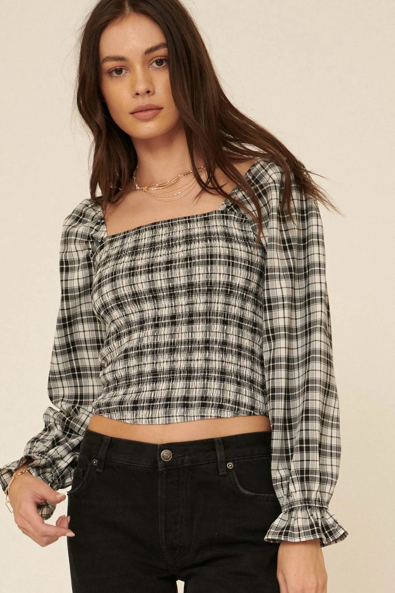 Barn Dance Smocked Plaid Peasant Top