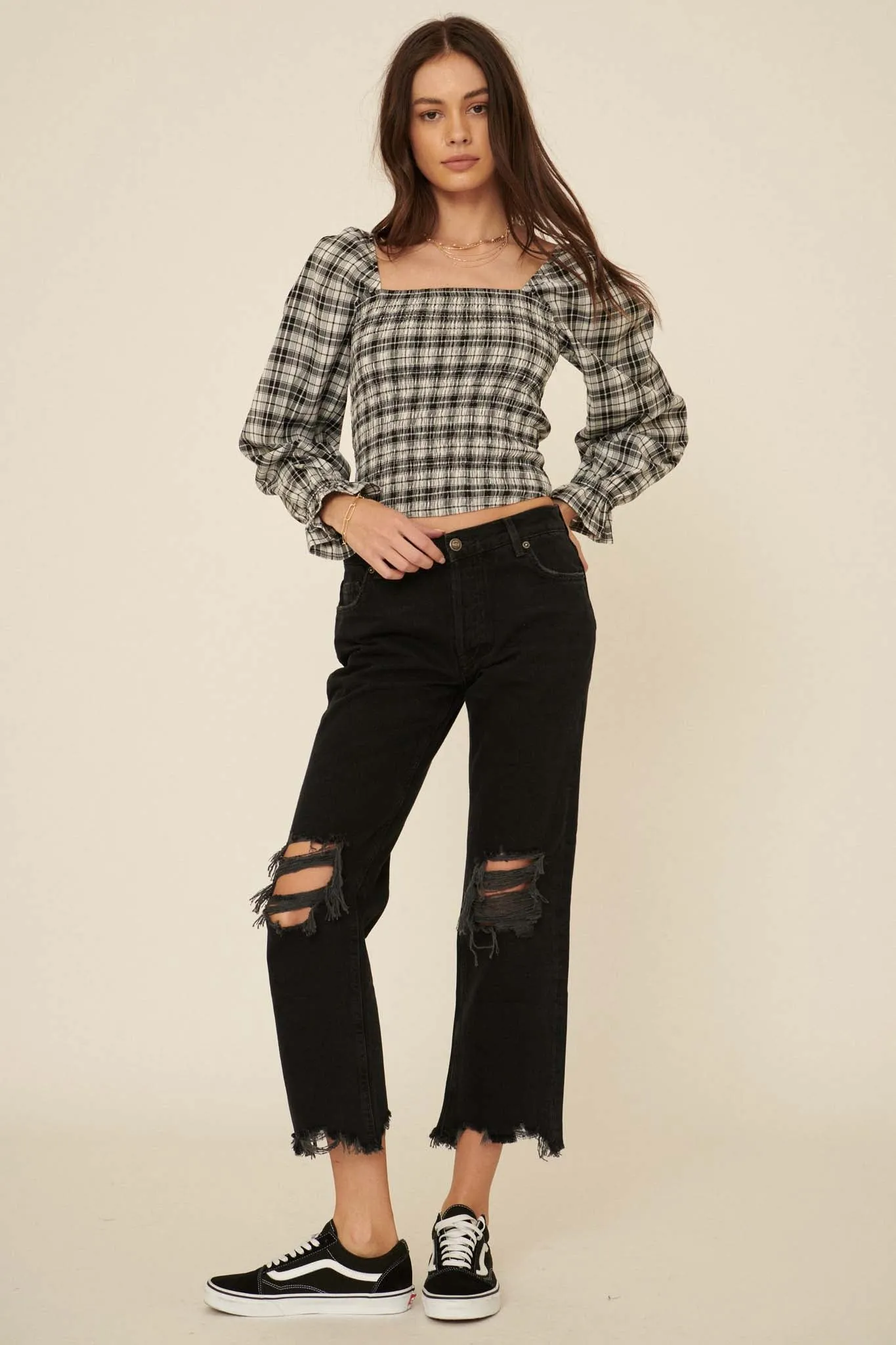 Barn Dance Smocked Plaid Peasant Top