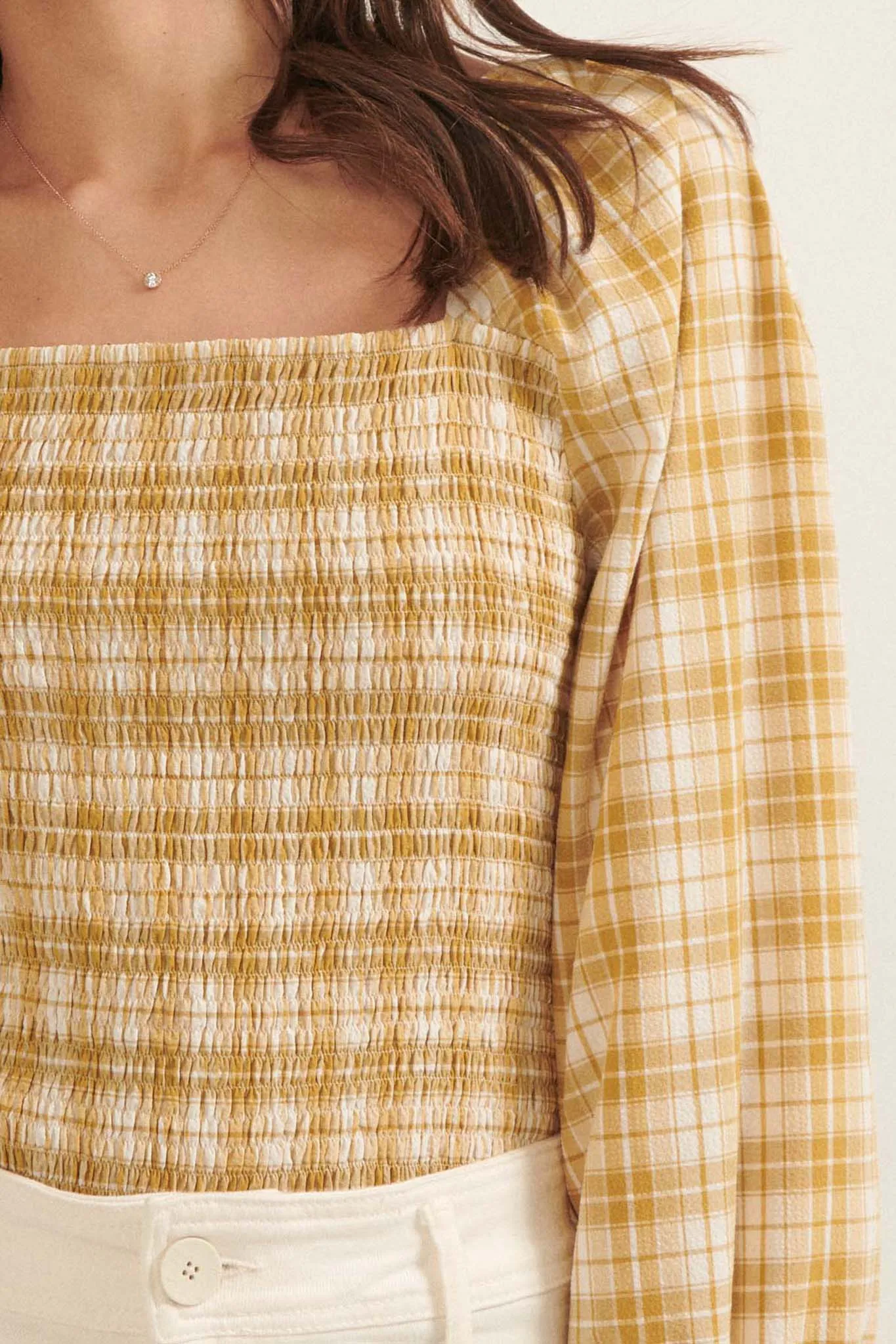 Barn Dance Smocked Plaid Peasant Top