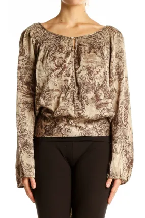 Beige Floral Silk Peasant Blouse