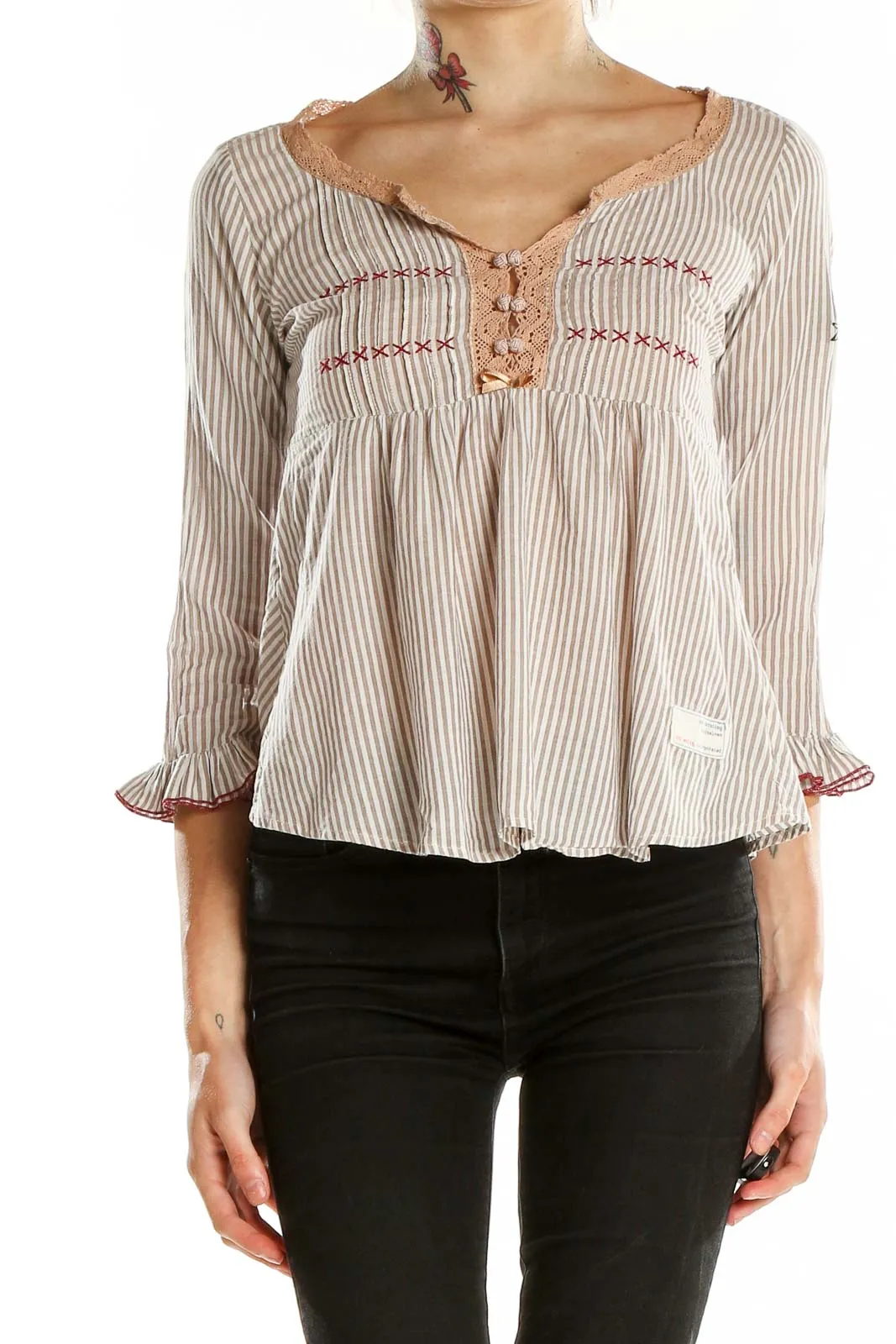 Beige Striped Peasant Blouse