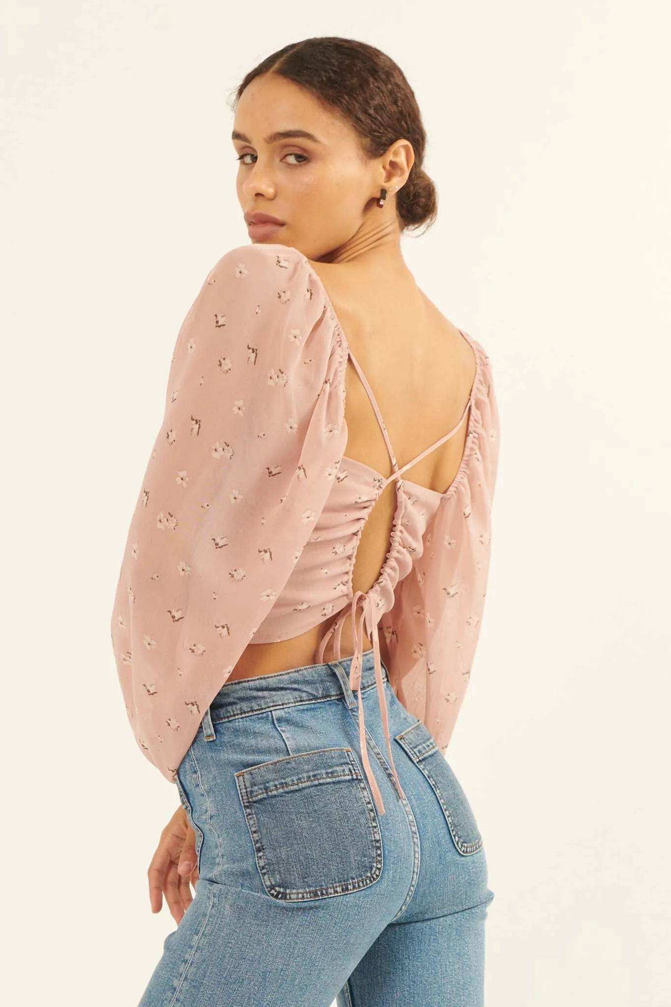 Belle Fleur Floral Open-Back Cropped Peasant Top