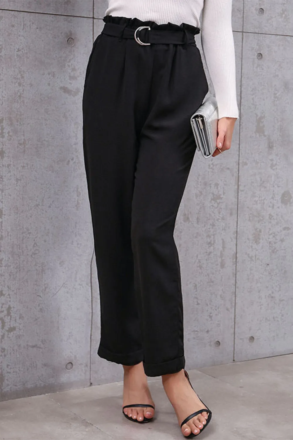 Belted Black Paperbag Waist Pants