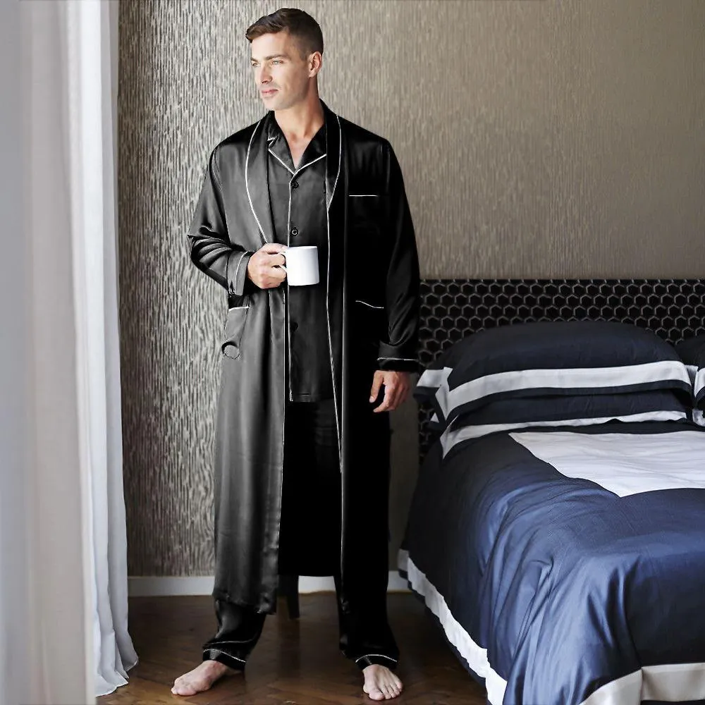 Best men's silk long pajamas Set  Luxury Silk Pajamas Robe Set with Trimming