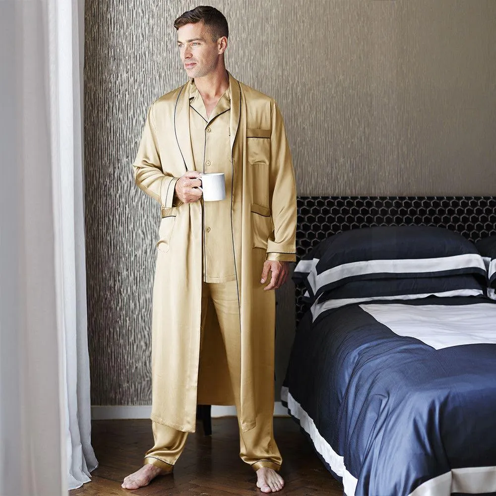 Best men's silk long pajamas Set  Luxury Silk Pajamas Robe Set with Trimming