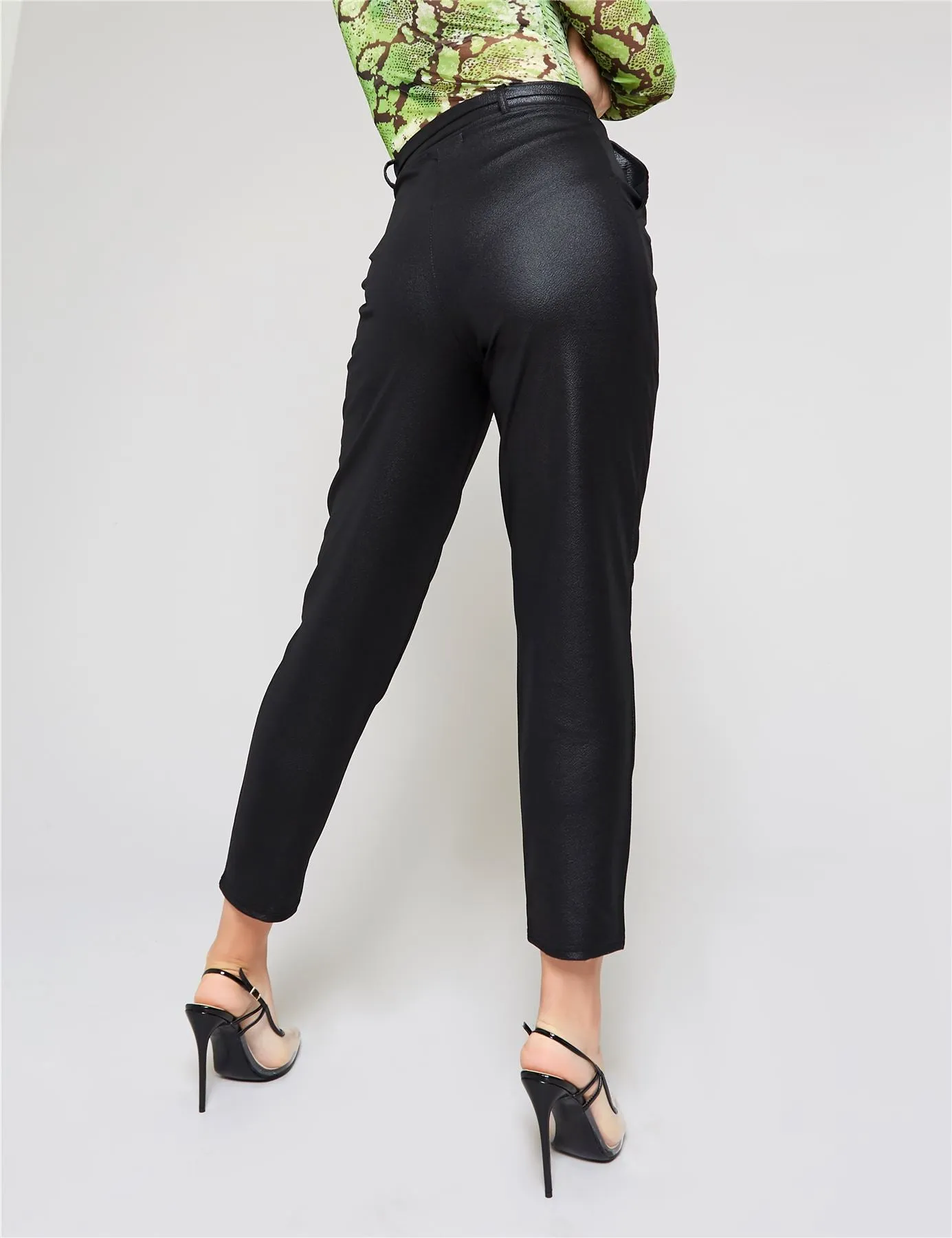 Black PU Paperbag Waist Belted Trousers