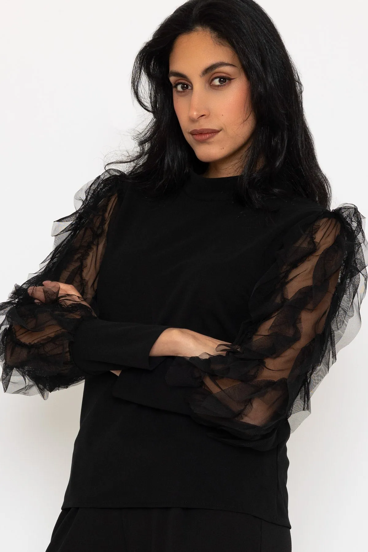 Black Ruffle Mesh Long Sleeve Top