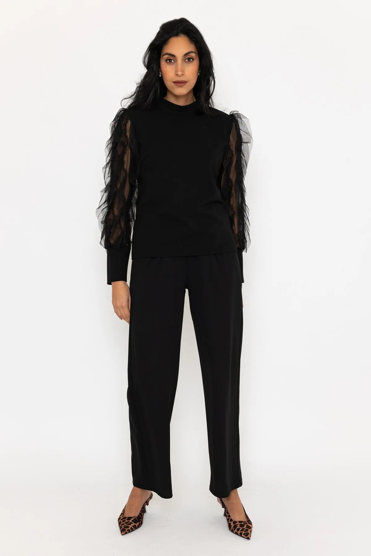 Black Ruffle Mesh Long Sleeve Top