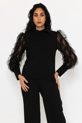 Black Ruffle Mesh Long Sleeve Top