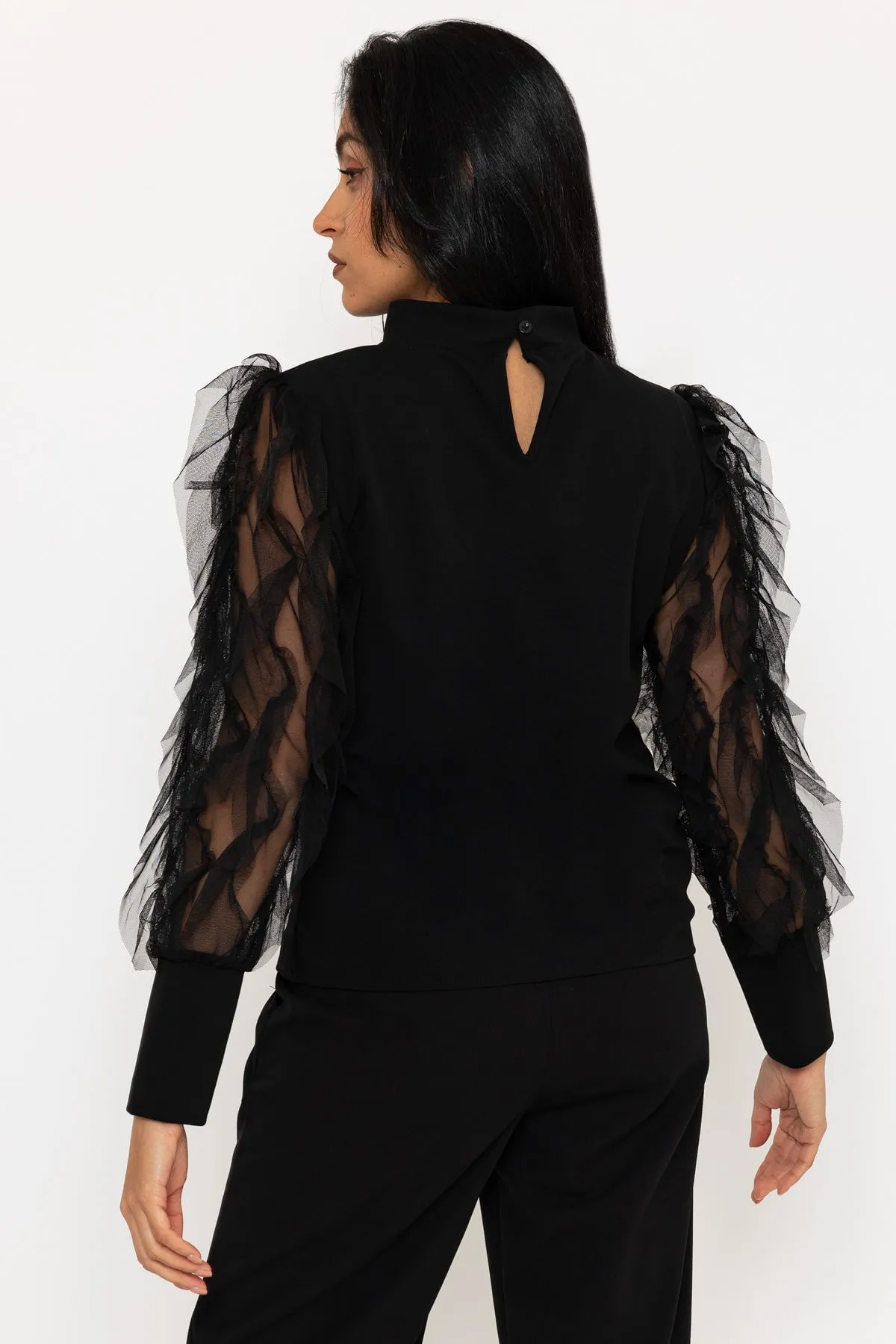 Black Ruffle Mesh Long Sleeve Top