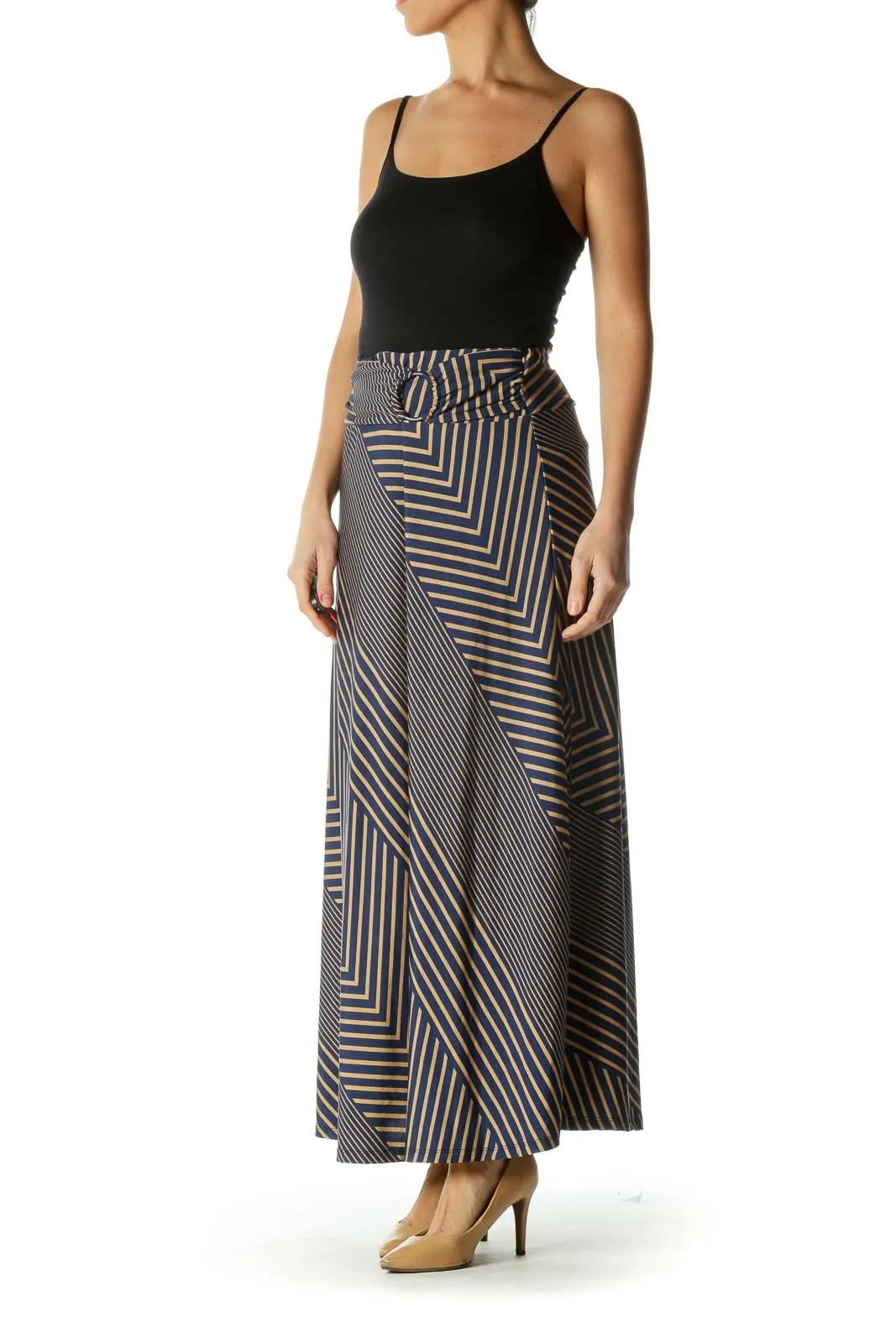 Blue and Brown Striped Flowy Maxi Skirt