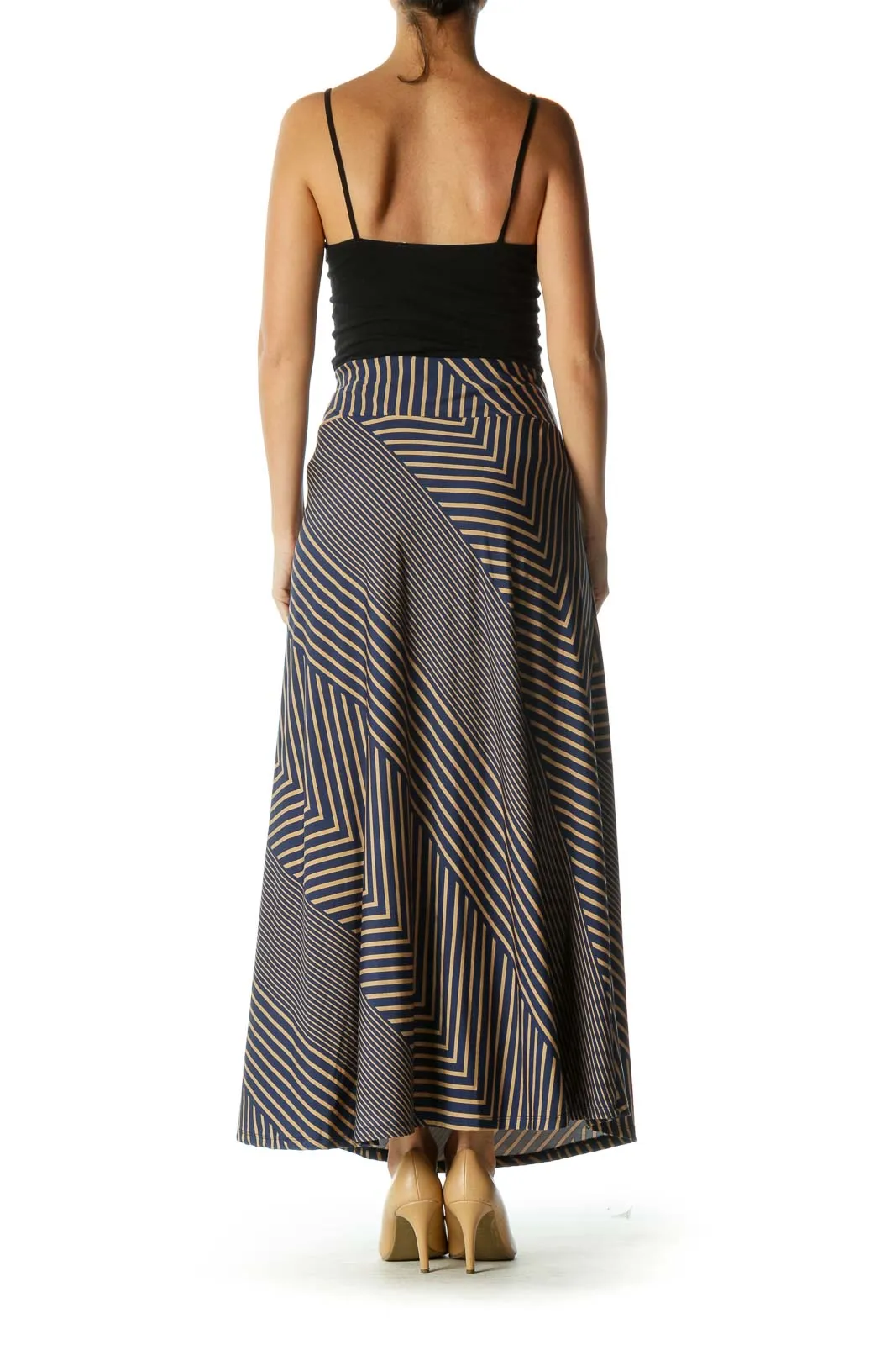 Blue and Brown Striped Flowy Maxi Skirt