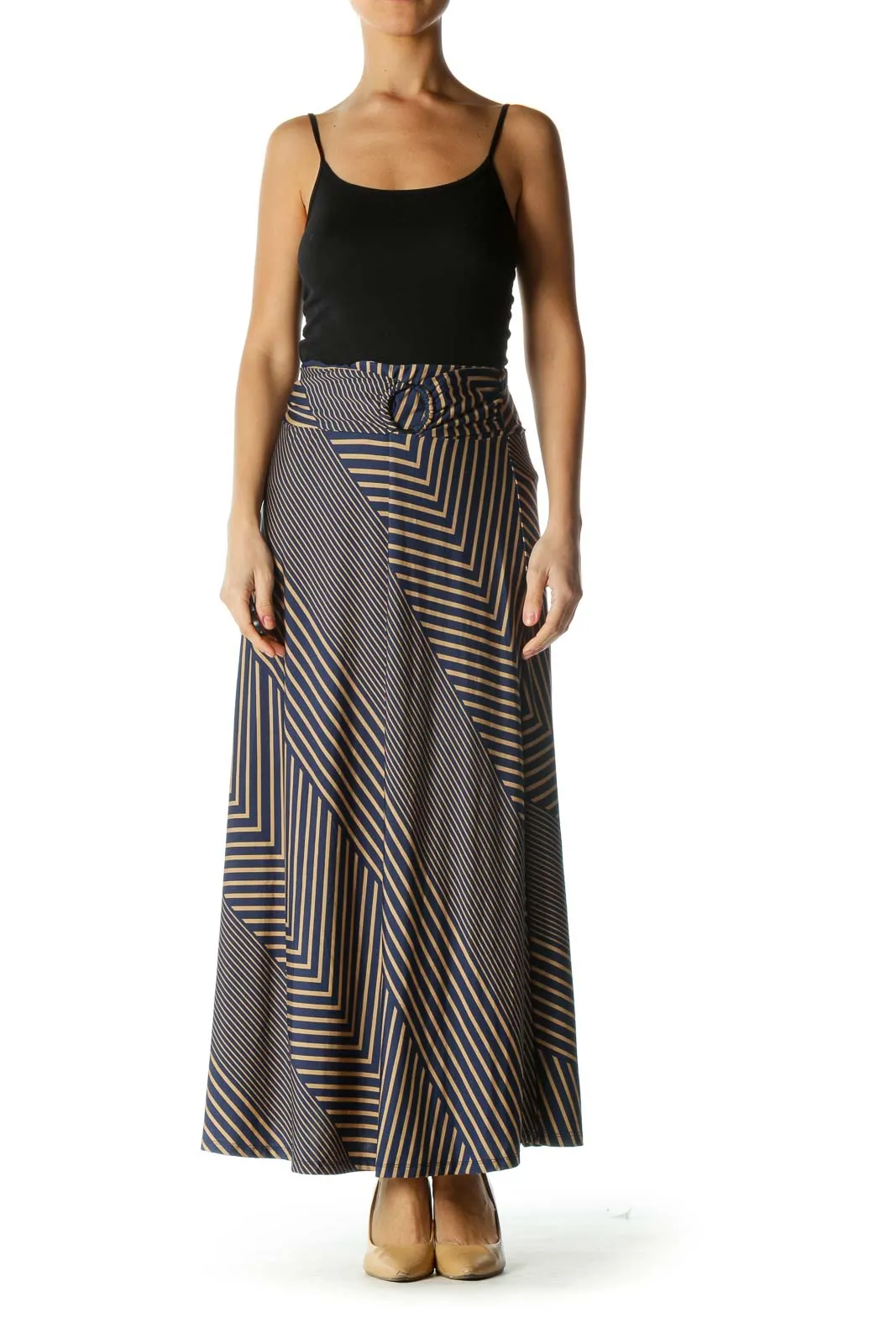 Blue and Brown Striped Flowy Maxi Skirt