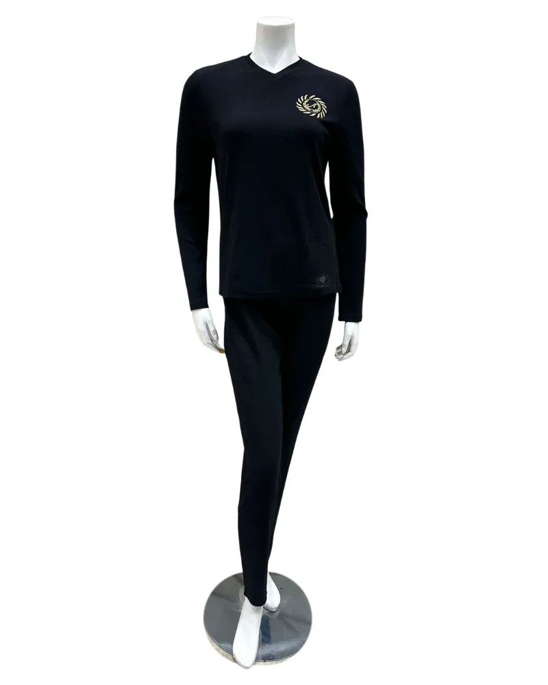 C-7143 Black Emblem Ribbed V Neck Modal Pajamas Set