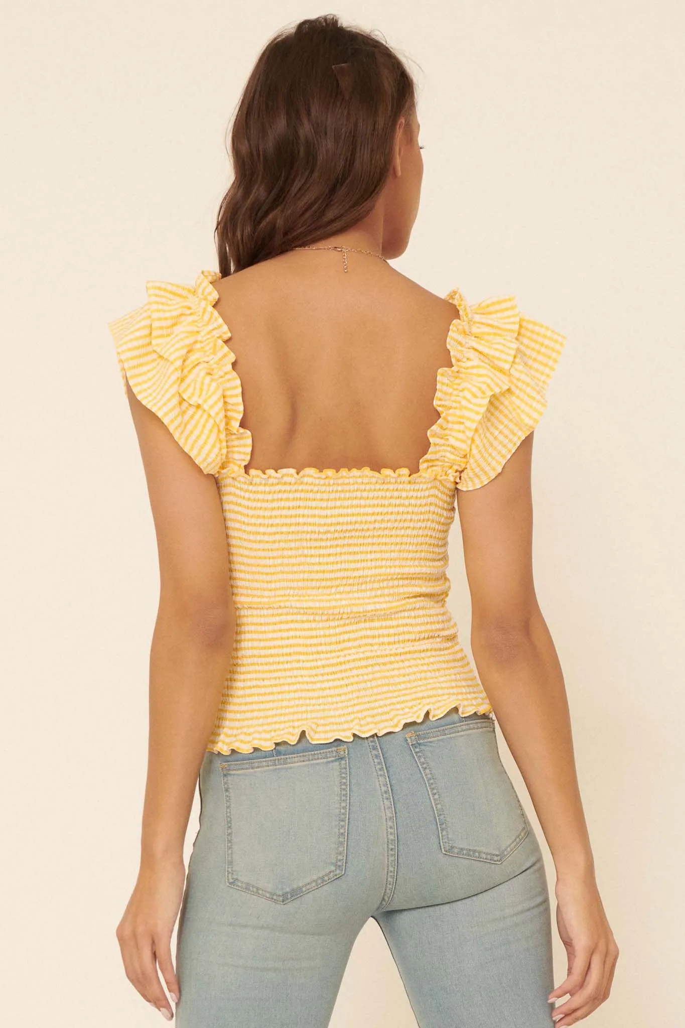 Candy Land Smocked Gingham Ruffled Peasant Top