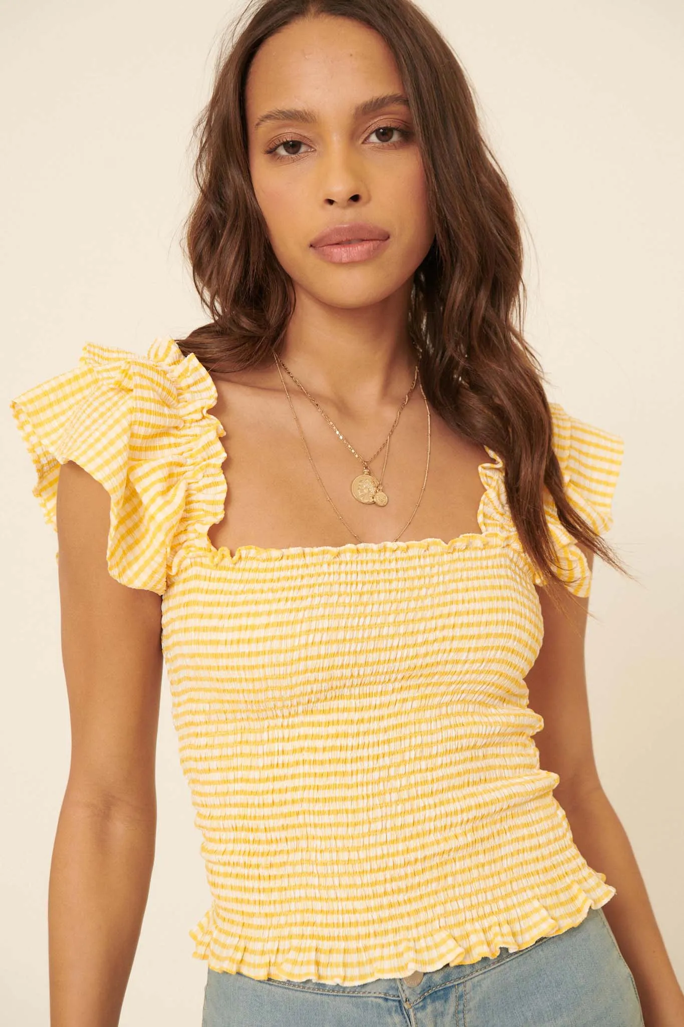 Candy Land Smocked Gingham Ruffled Peasant Top