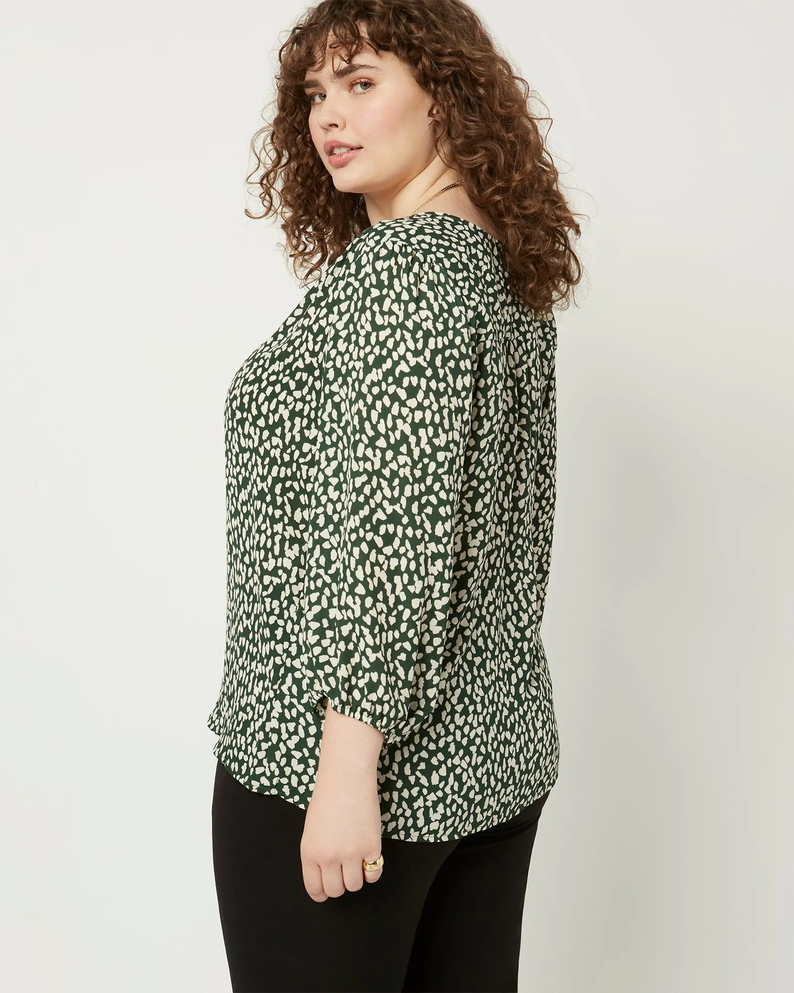 Christine Three-Quarter Sleeve Peasant Top | Forest Green / Ivory