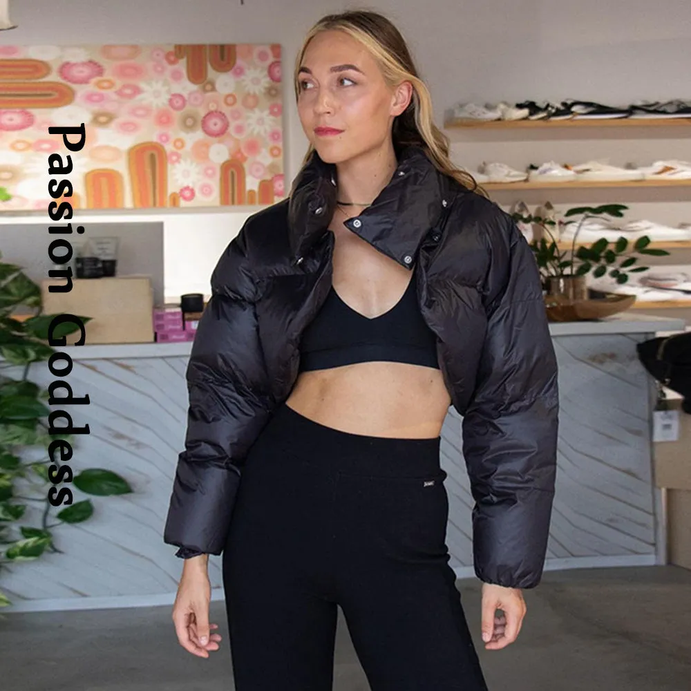 cold weather outfits Joskaa Cute Women Autumn Crop Puffer Jacket Long Slevee Cropped Bubble Coats Outwear Parkas Down Stand Collar Short Jacket Streetwear