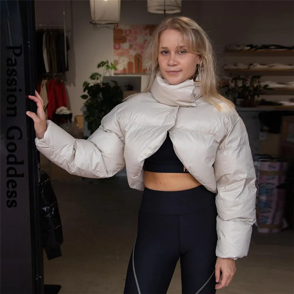 cold weather outfits Joskaa Cute Women Autumn Crop Puffer Jacket Long Slevee Cropped Bubble Coats Outwear Parkas Down Stand Collar Short Jacket Streetwear