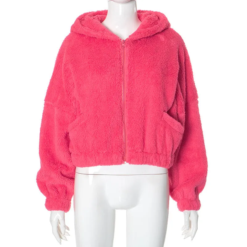 cold weather outfits Joskaa Fashion Cute Women Pink Lambs Wool Rabbit Ear Hooded Jacket Warm Fluffy Plush Fleece Zipper Crop Jackets Kawaii Plush Outcoats