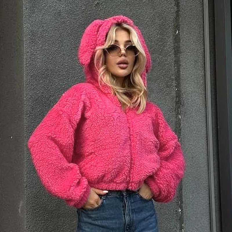 cold weather outfits Joskaa Fashion Cute Women Pink Lambs Wool Rabbit Ear Hooded Jacket Warm Fluffy Plush Fleece Zipper Crop Jackets Kawaii Plush Outcoats