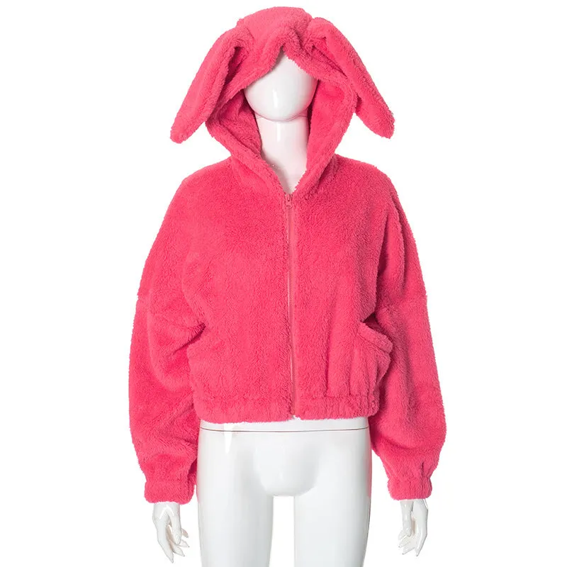 cold weather outfits Joskaa Fashion Cute Women Pink Lambs Wool Rabbit Ear Hooded Jacket Warm Fluffy Plush Fleece Zipper Crop Jackets Kawaii Plush Outcoats