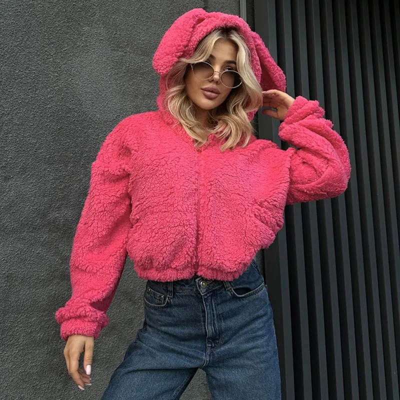 cold weather outfits Joskaa Fashion Cute Women Pink Lambs Wool Rabbit Ear Hooded Jacket Warm Fluffy Plush Fleece Zipper Crop Jackets Kawaii Plush Outcoats