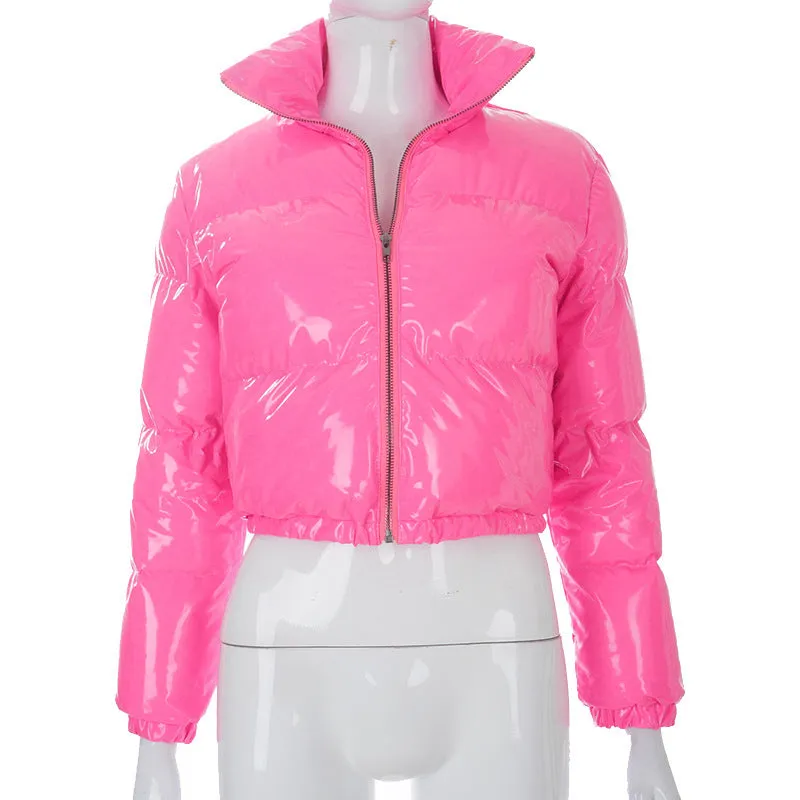 cold weather outfits Joskaa Winter Women Bright PU Pink Puffer Jackets Warm Bubble Coats Shiny Black Leather Parkas Down Zipper Cropped Jackets Parkas XL