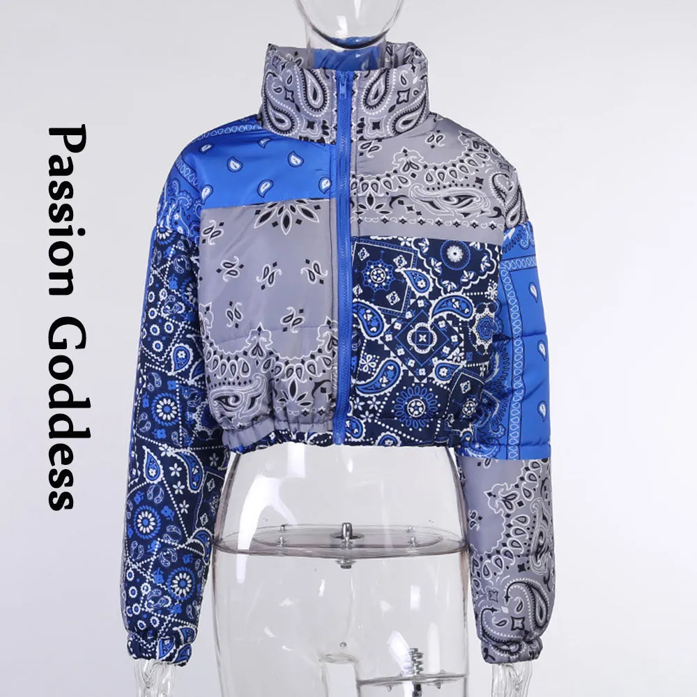 cold weather outfits Joskaa Winter Women Cashew Flower Printed Crop Puffer Jacket Stand Collar Warm Cute Bubble Coats Loose Zipper Jacket Cropped Down Parka