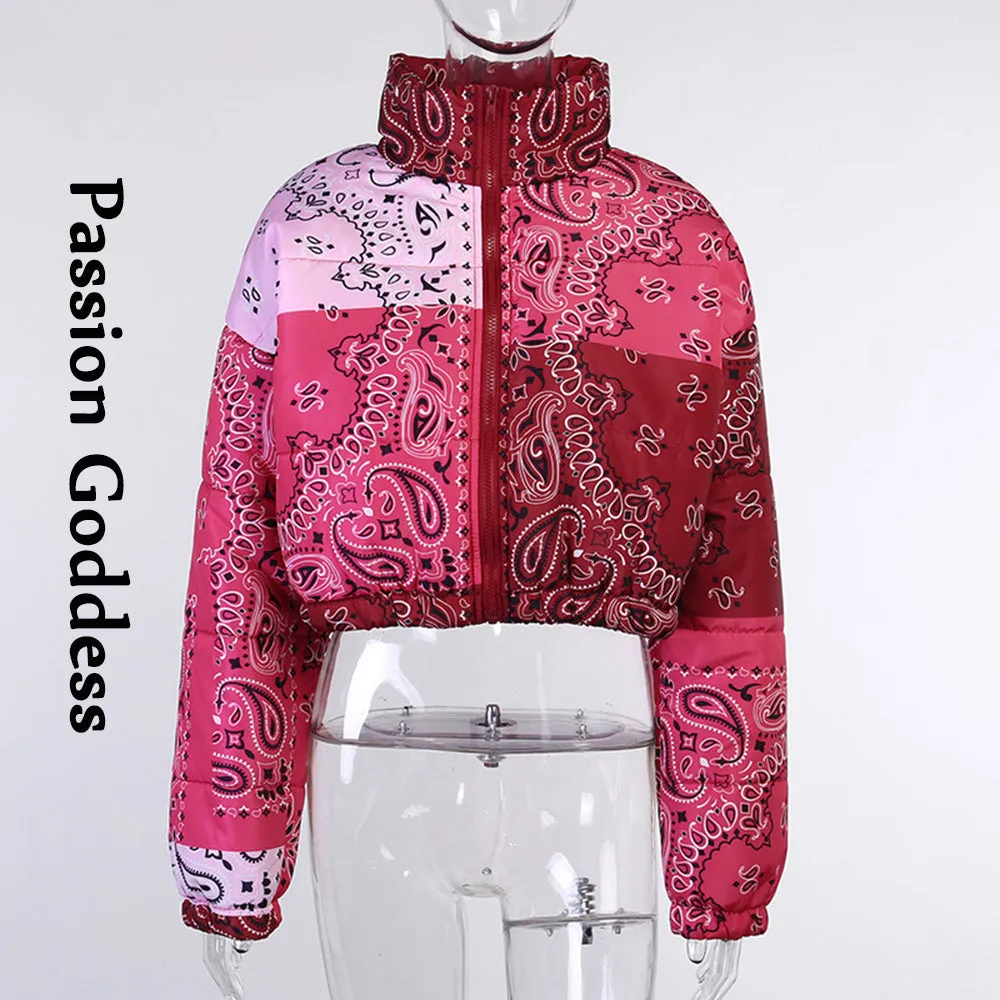 cold weather outfits Joskaa Winter Women Cashew Flower Printed Crop Puffer Jacket Stand Collar Warm Cute Bubble Coats Loose Zipper Jacket Cropped Down Parka