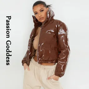 cold weather outfits Joskaa Winter Women Cute Shiny PU Leather Puffer Jacket Warm Thick Bubble Coats Bright Leather Parkas Down Red PU Zipper Cropped Puffer