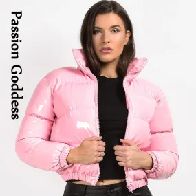 cold weather outfits Joskaa Winter Women Shiny PU Leather Jacket Cropped Parka Warm Thick Bubble Coat Pink Leather Down Parka Zipper Loose Puffly Jacket XXL