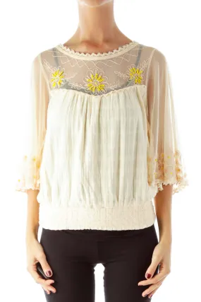 Cream Embroidered Sheer Peasant Top