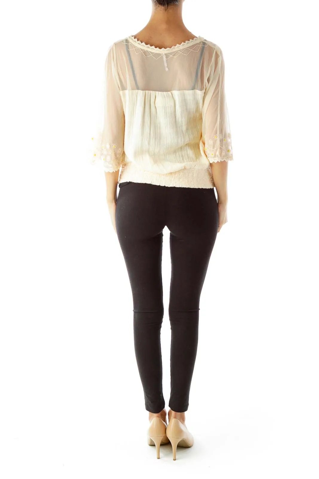 Cream Embroidered Sheer Peasant Top