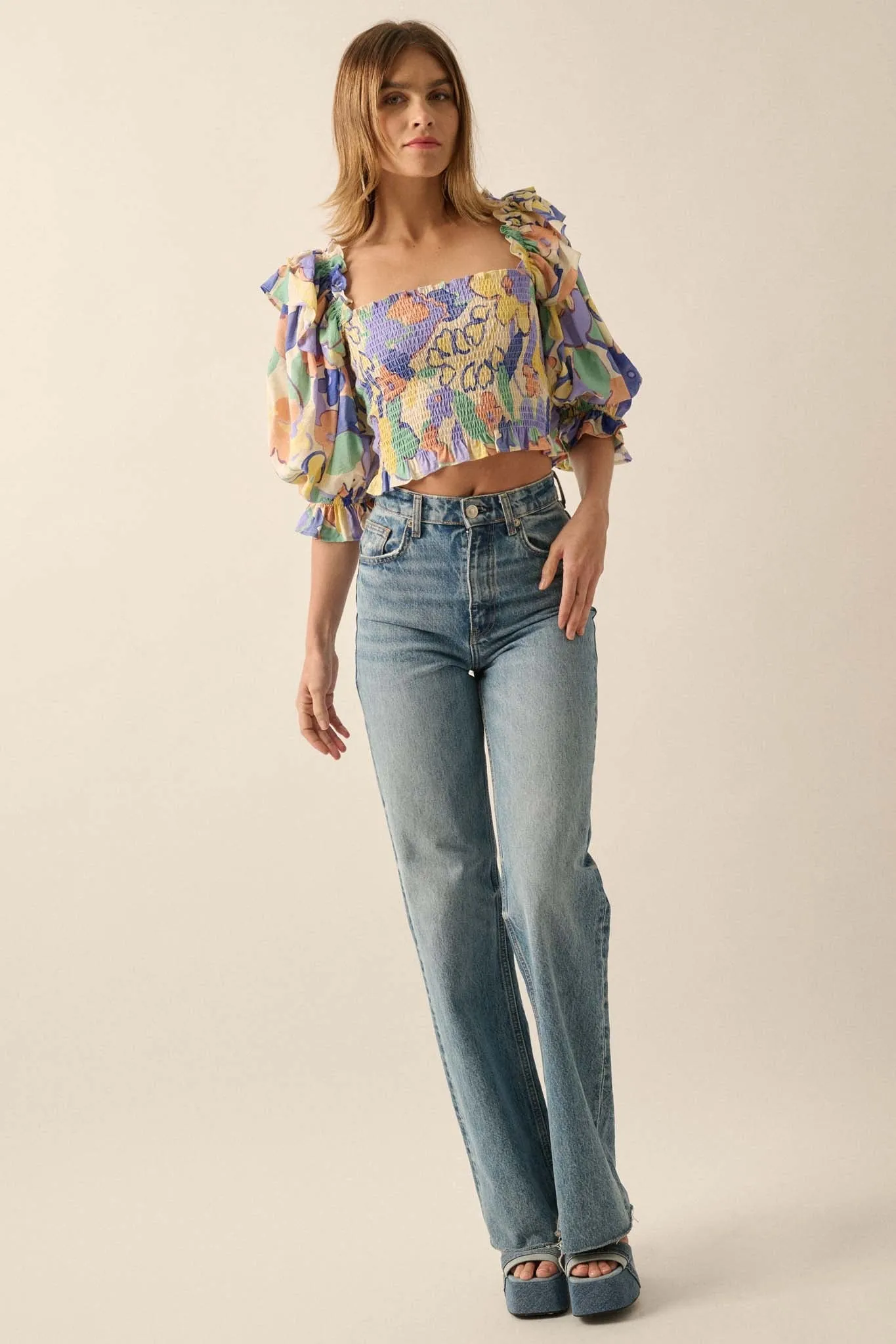 Dainty Dew Smocked Floral Puff-Sleeve Peasant Top