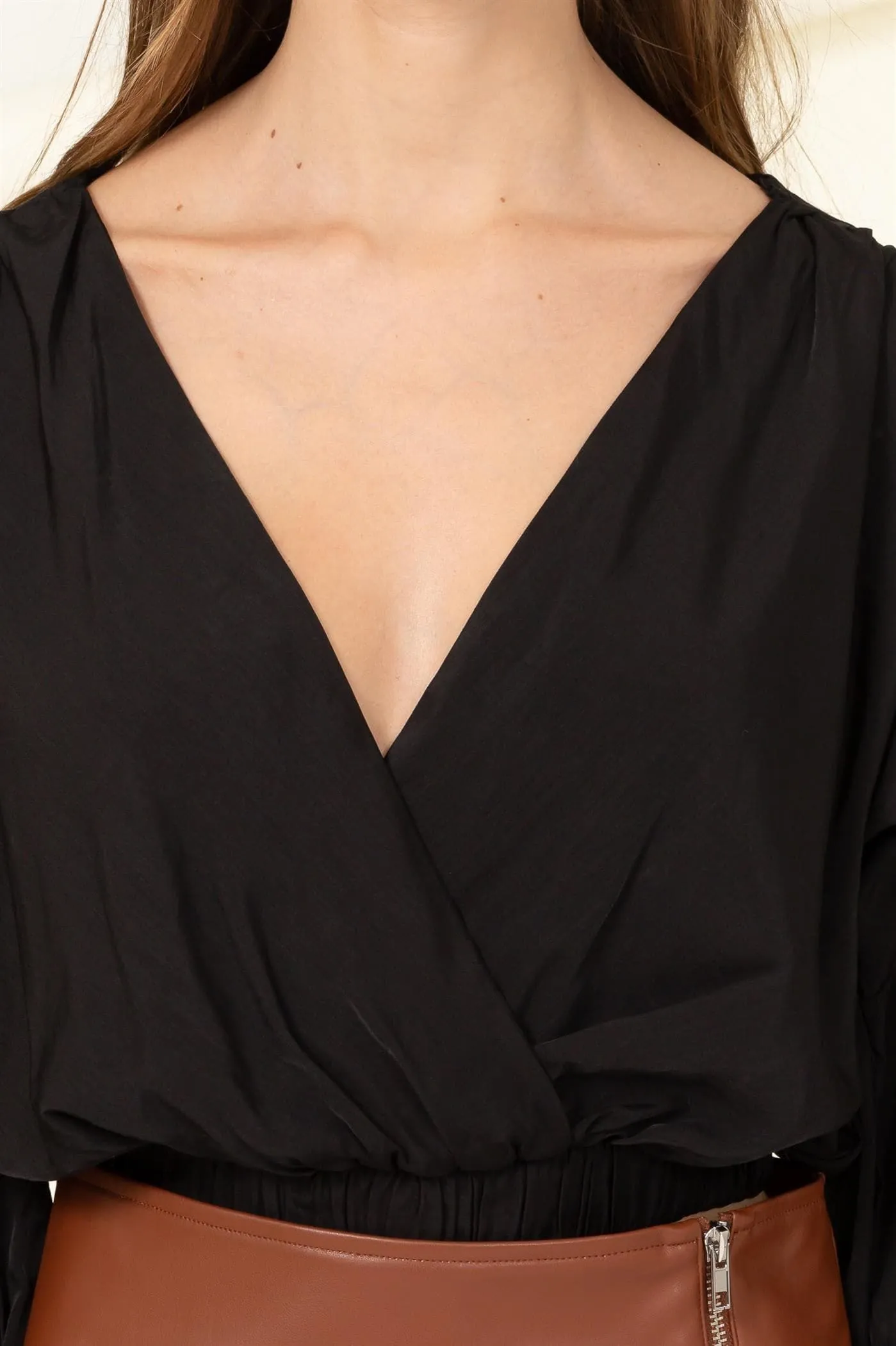 Delighted V Neck Wrap Black Crop Blouse