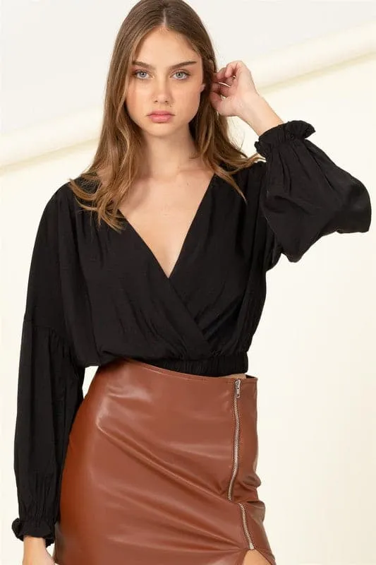 Delighted V Neck Wrap Black Crop Blouse