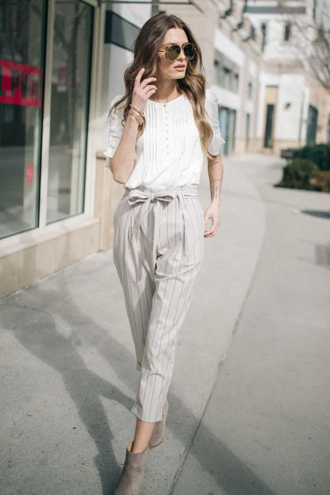 Elleh Striped Paper Bag Trousers in Navy