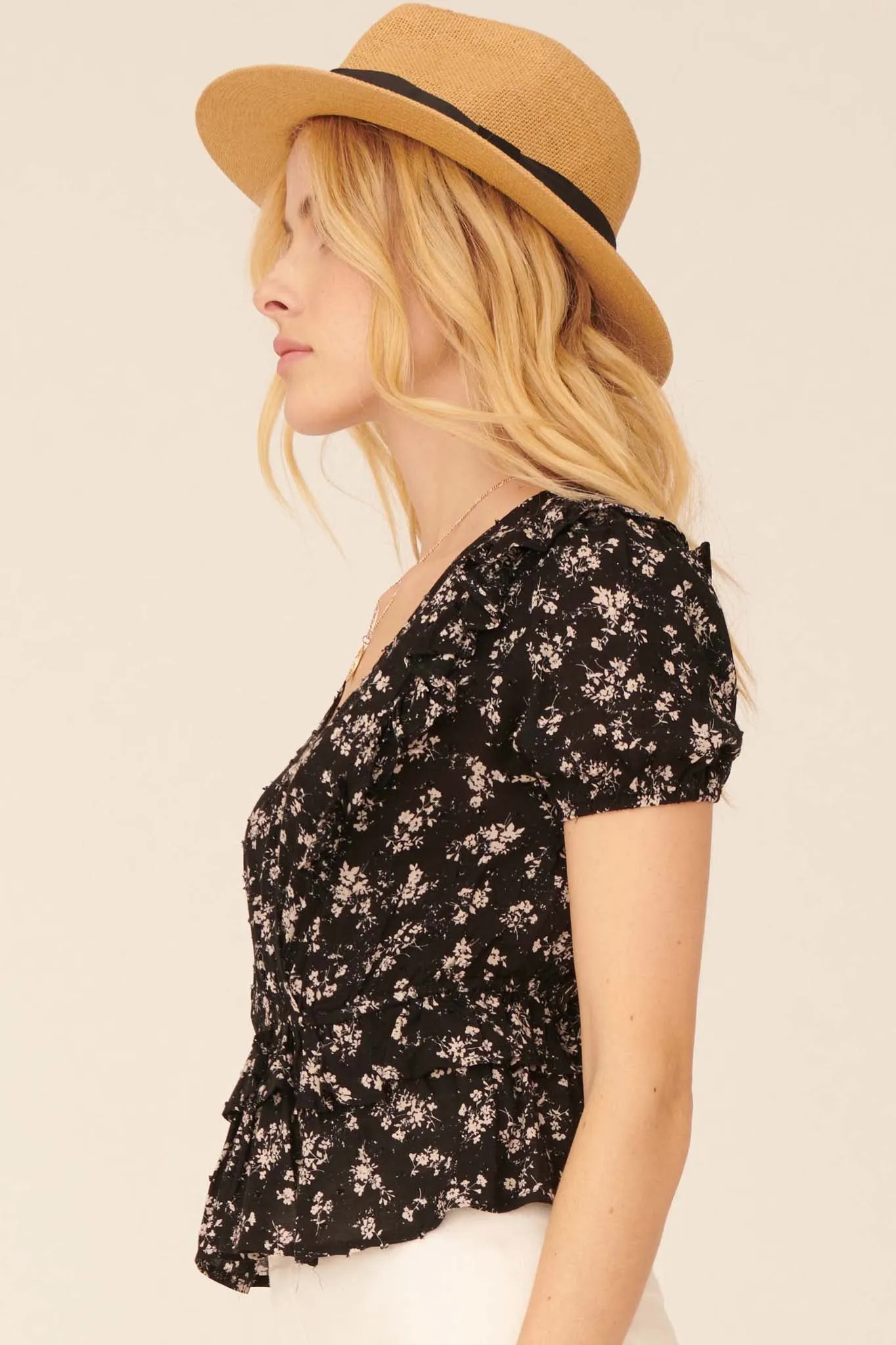 Exquisite Blooms Ruffled Floral Surplice Top