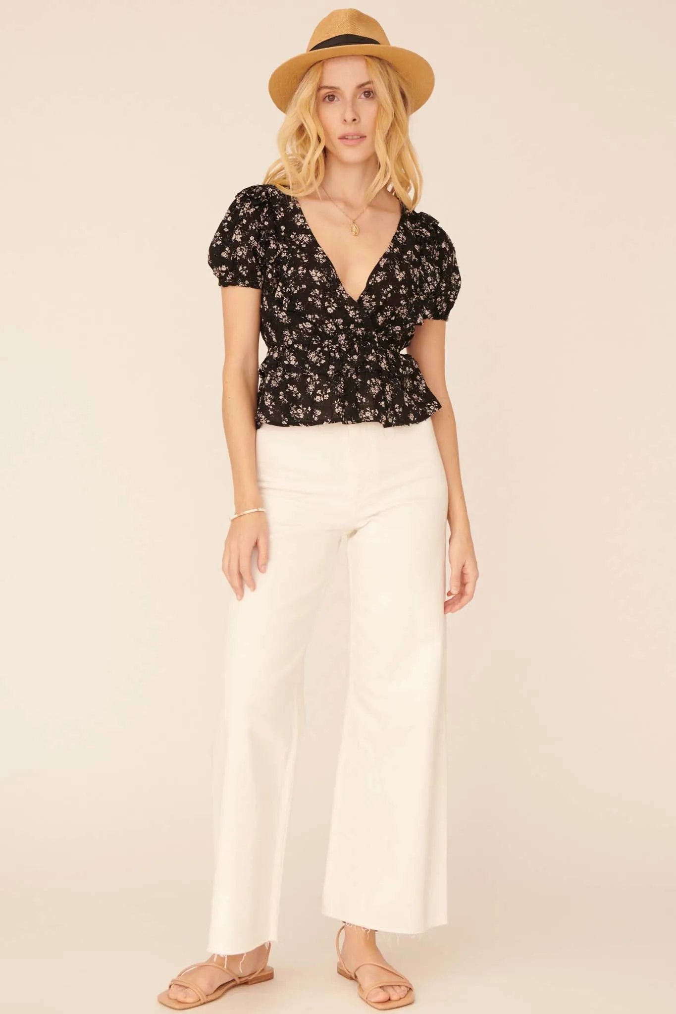 Exquisite Blooms Ruffled Floral Surplice Top