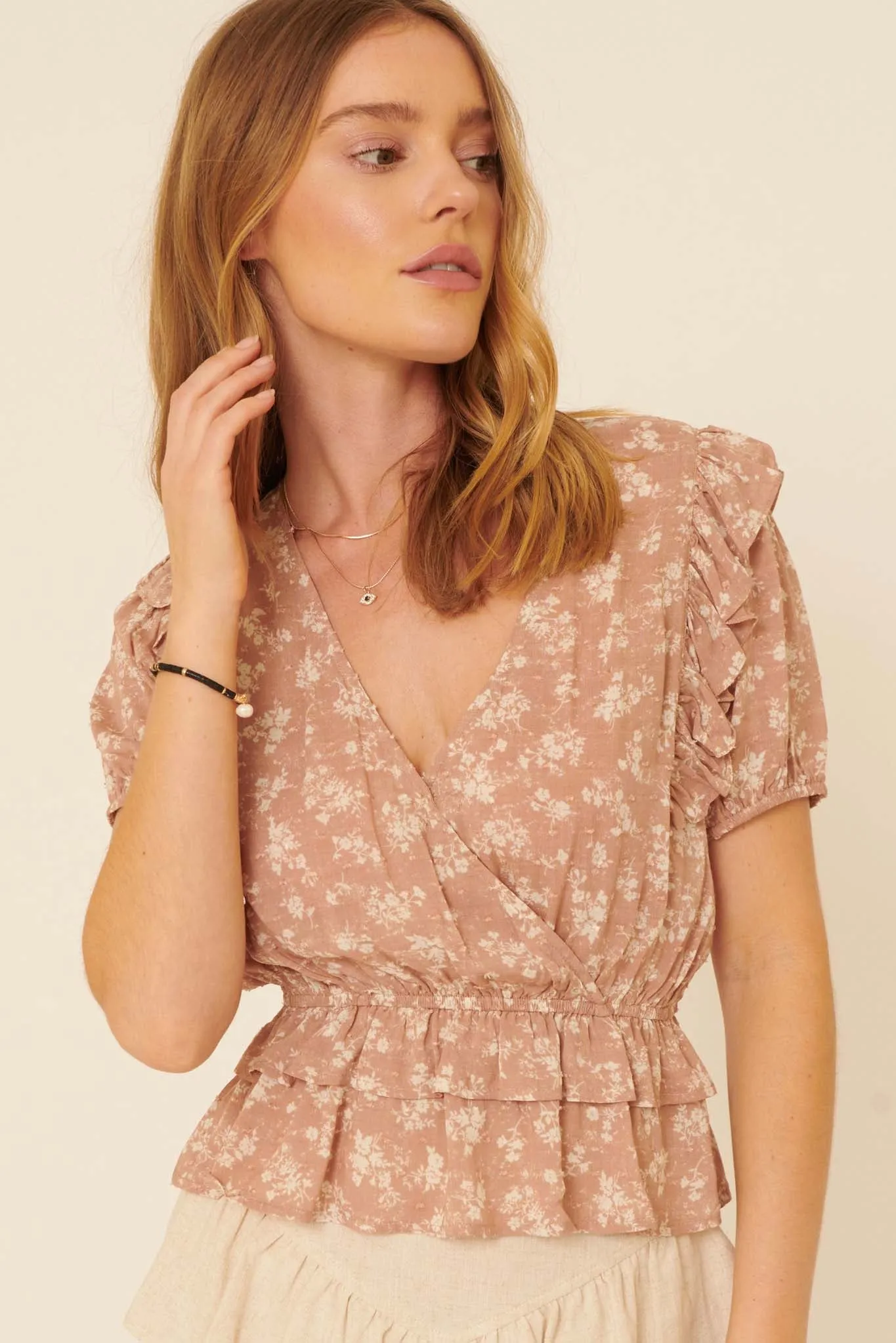 Exquisite Blooms Ruffled Floral Surplice Top