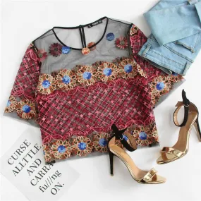 Flower Embroidery Mesh Crop Blouse