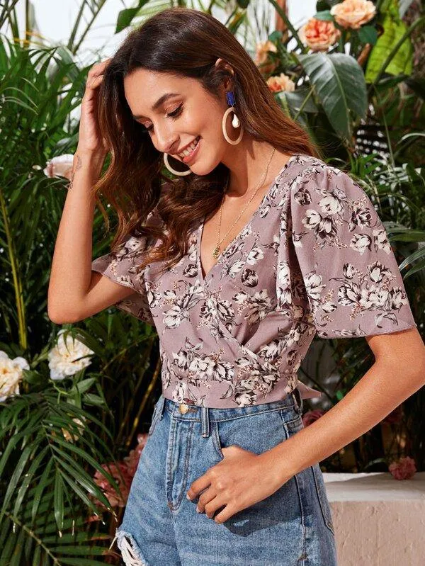 Flutter Sleeve Surplice Neck Belted Floral Top