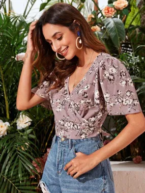 Flutter Sleeve Surplice Neck Belted Floral Top