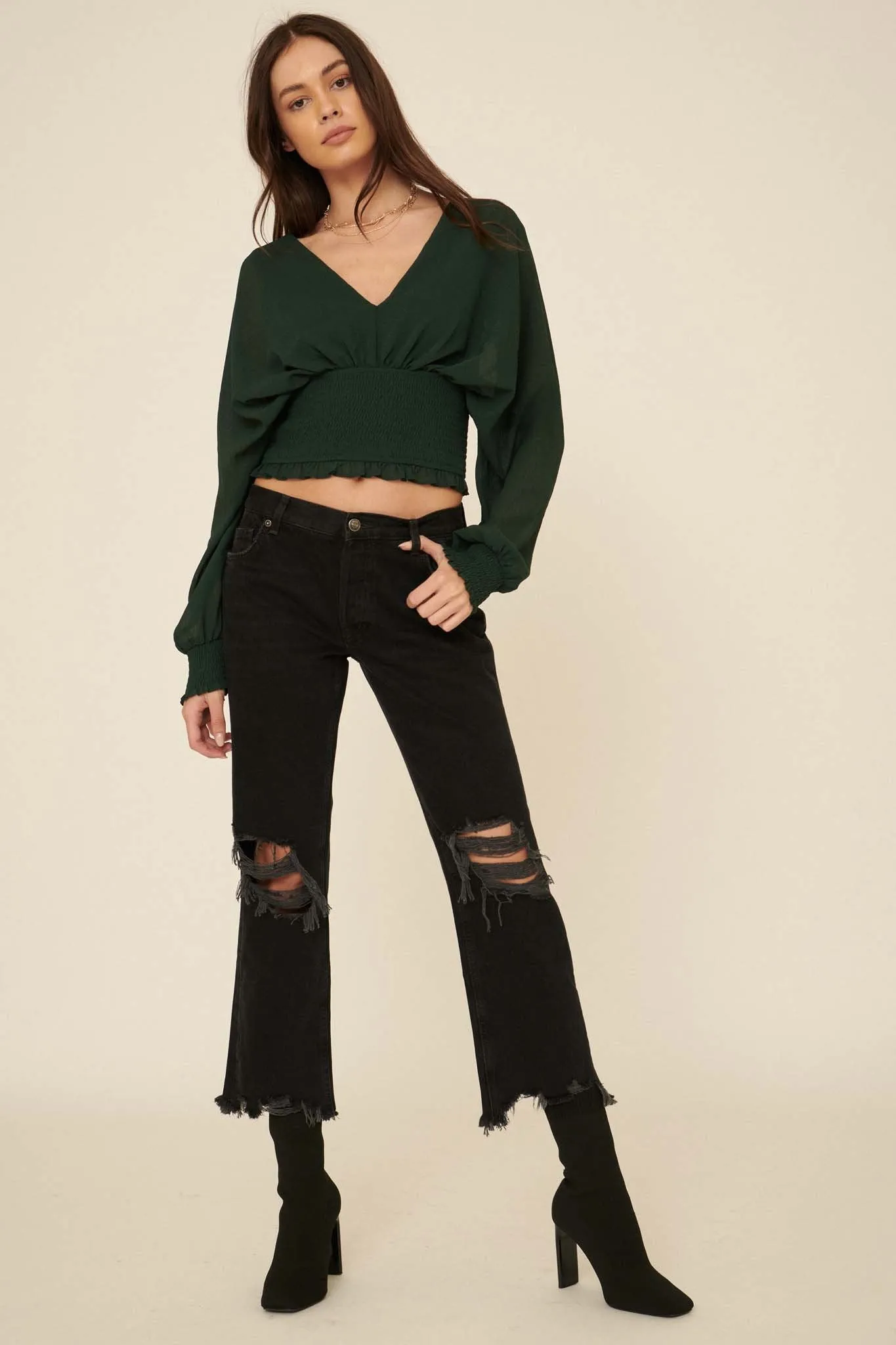 Girl Crush Cropped Smocked Peasant Top